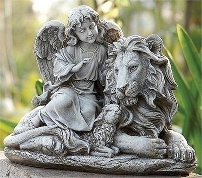 Angel Watching Over Lion and Lamb Statue I