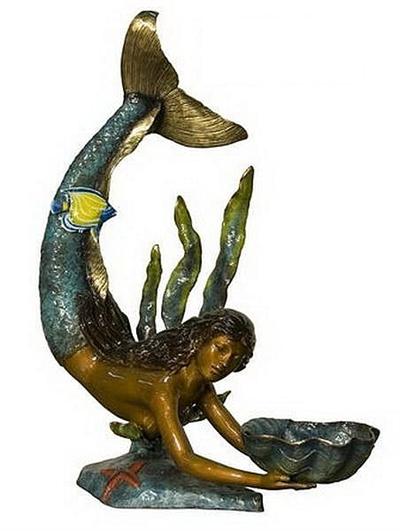 Large Bronze Mermaid with Shell Statue Colored