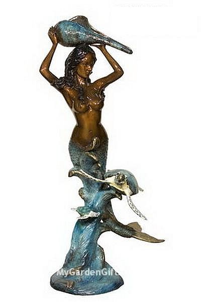 Mermaid Holding Conch Fountain Sculpture