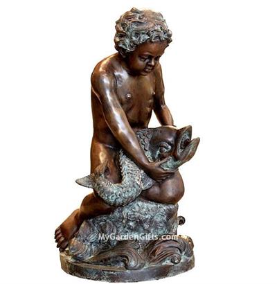 Bronze Boy with Fish Fountain Sculpture