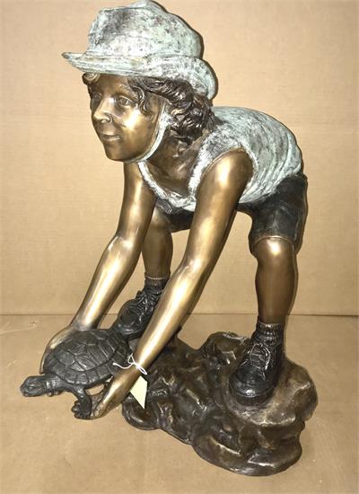 Boy and His Turtle Bronze Fountain Statue