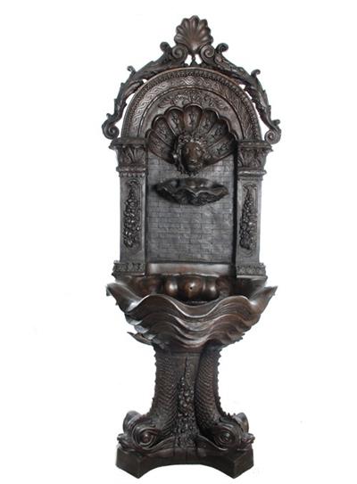 Bronze Lion Head Wall Fountain with Dolphin Pedestal