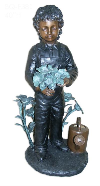 Little Garden Boy with Flowers Bronze Statue