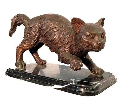 Crouching Cat Statue on Marble Base