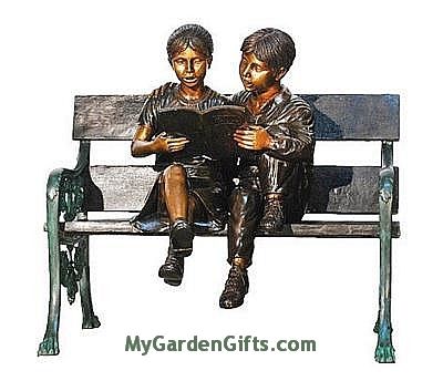 Bronze Reading Children Statues on a Bench