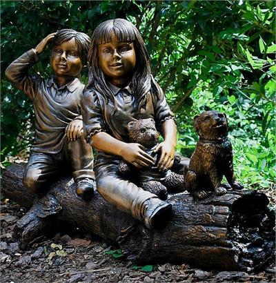 Boy and Girl on a Log Bronze Sculpture