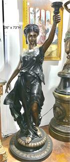 Bronze Large Woman with Torch Floor Lamp Sculpture