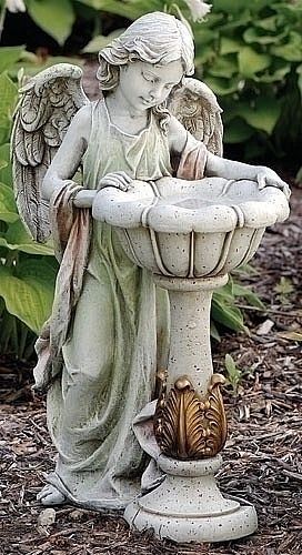 Solar Angel Bird Feeder with Acanthus Designs on Bird Bath