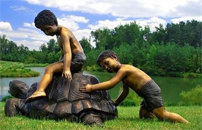 Brothers Guding a Giant Turtle Fountain Statue