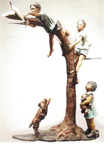 Playing on a Tree Bronze Children Sculpture