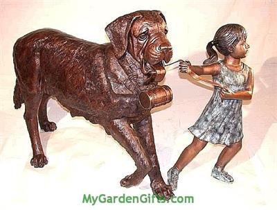 Girl Holding Large Saint Bernard - Bronze